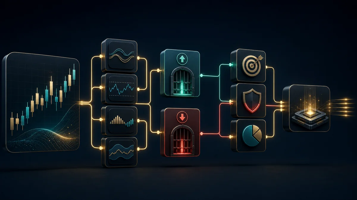Ilustrasi komponen strategi Freqtrade dari indikator sampai manajemen risiko